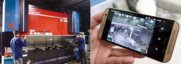 左：ベンディングマシンHG-1303による長尺製品の曲げ加工／右：Webカメラを通じて工場の様子はいつでもスマートフォンで確認できる