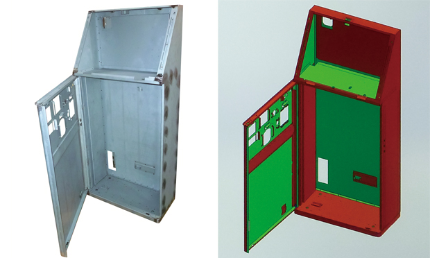 画像：3次元ソリッド板金CAD SheetWorksで作成した制御盤の3次元モデル（右）と製品（左）