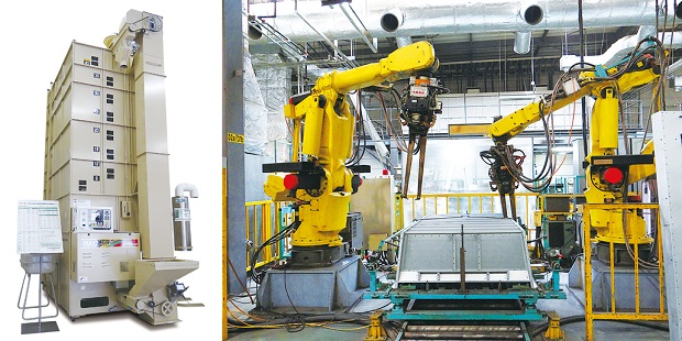 画像：左：金子ブランドの穀物乾燥機（容量4トン）。／右：2台のロボット溶接機で、穀物乾 燥機の板金部材（SECC・板厚1.0mm）に対しアーク溶接を行う