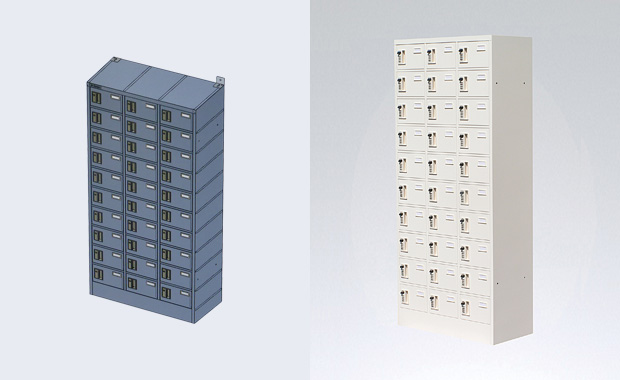画像：3次元ソリッド板金CAD SheetWorksで作成した「貴重品ロッカーB(3列10段）」の3次元モデル