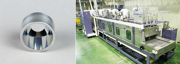 左：「第5回ものづくり日本大賞」で優秀賞を受賞した「鏡面プレス加工技術と特殊電解イオン水洗浄技術による精密三次元鏡面形成技術」で加工した3次元反射鏡（リフレクター）／右：自社製品の電解イオン水洗浄装置