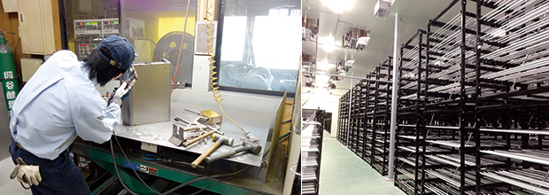 左：溶接を担当する長男の凌輔さん／右：同社で設計から受託した植物栽培プラント工場向けパレットラック。このプラント向けには3,000台製作、現在は海外向けを受注している